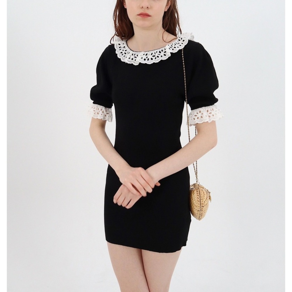 Epine Mini Dress Lace Collar Women One Size Black Rib Stretch Short Sleeve New